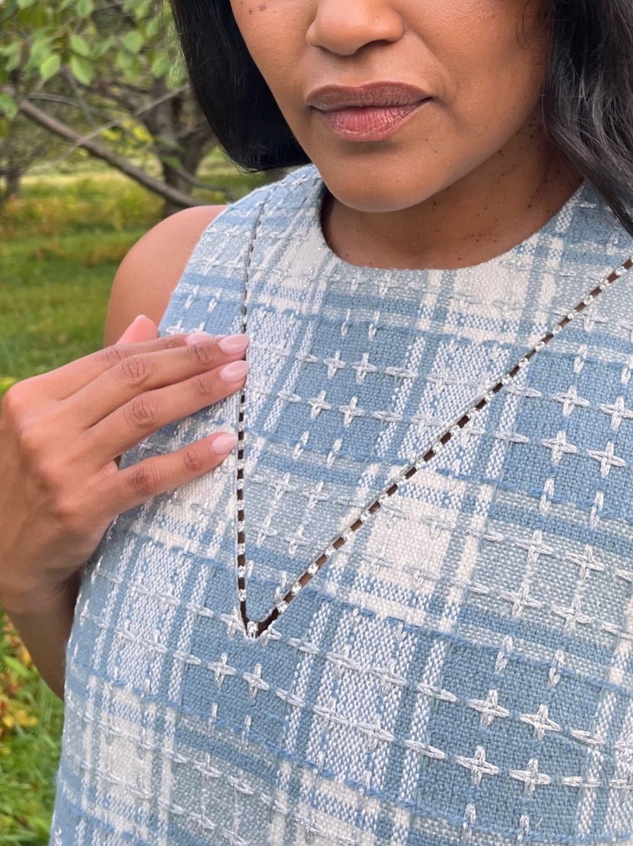 Pale Blue Wool Tweed Ruffle Chore Dress with Crystal Accent - Made X Hudson