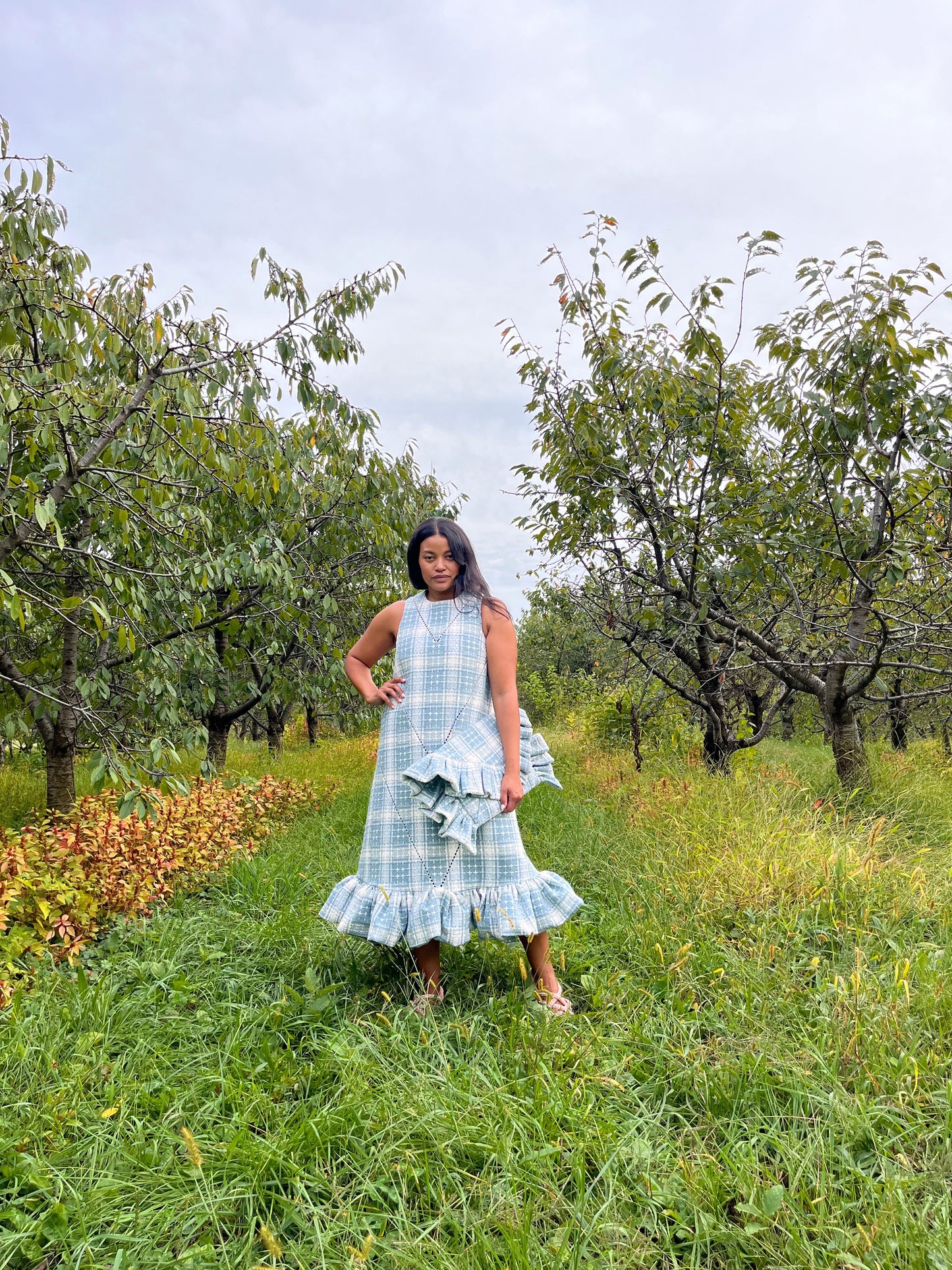 Pale Blue Wool Tweed Ruffle Chore Dress with Crystal Accent