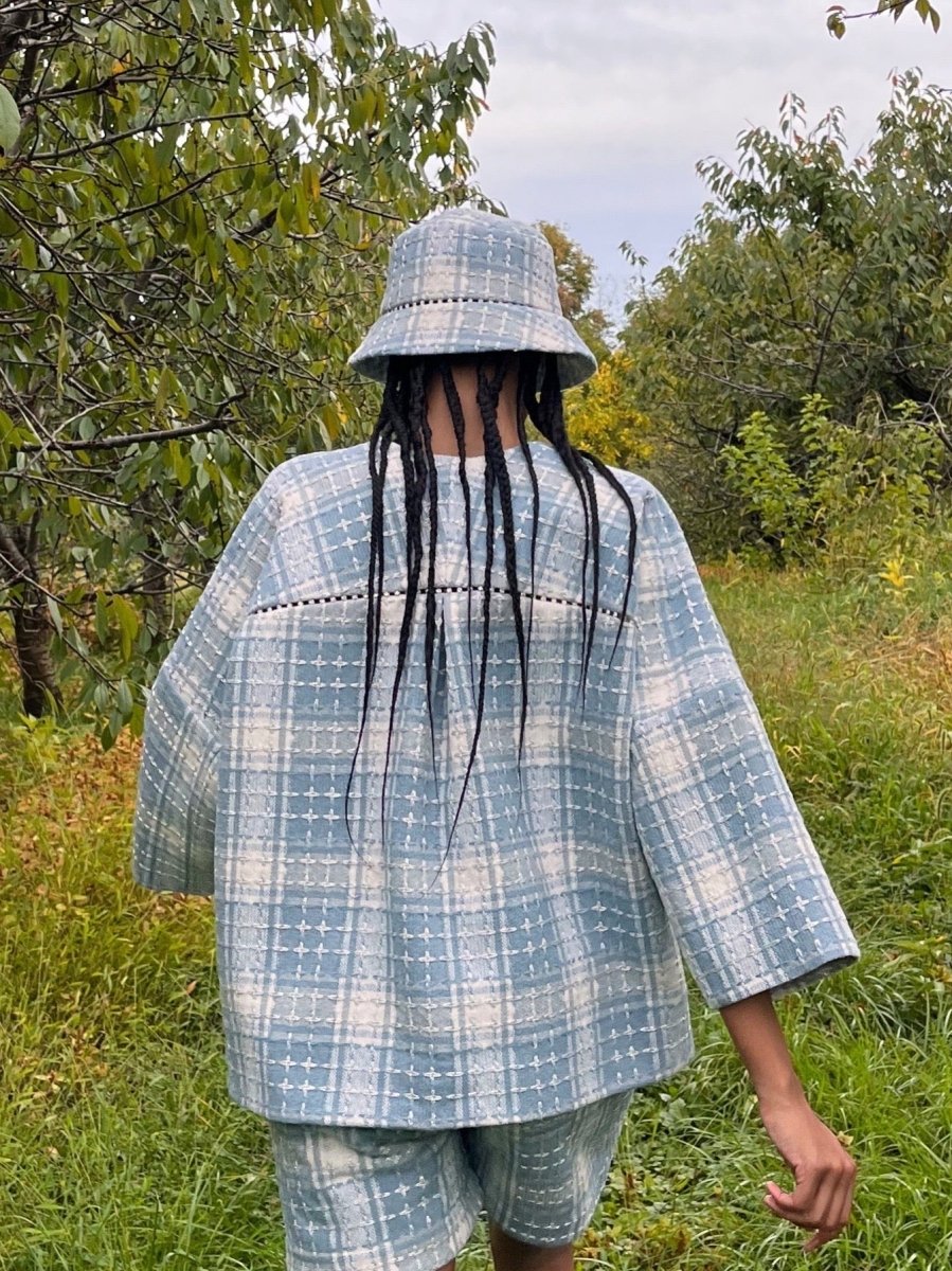 Pale Blue Wool Tweed Chore Jacket with Crystal Detail - Made X Hudson