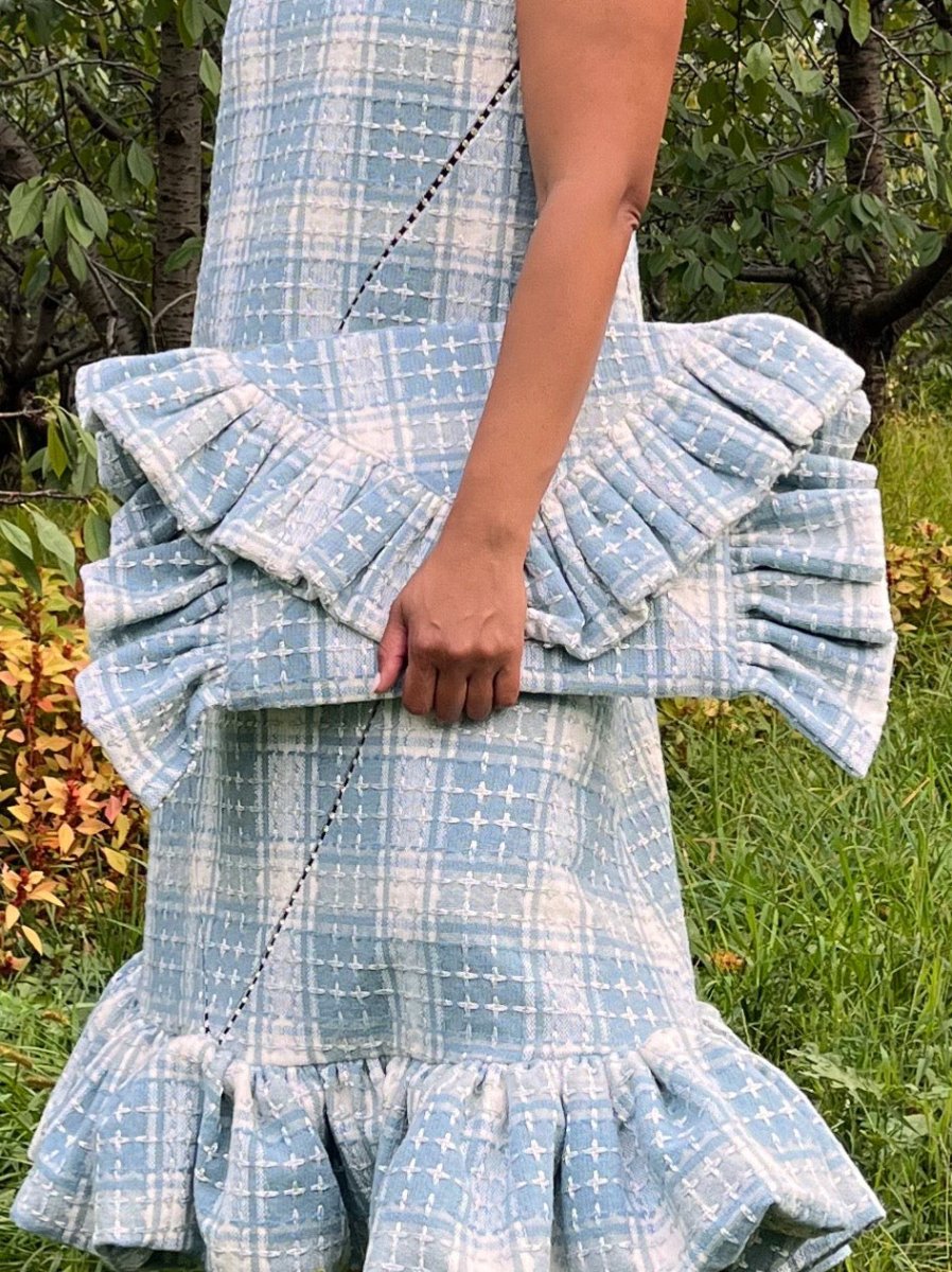 Pale Blue Wool Tweed Ruffle Envelope Clutch - Made X Hudson