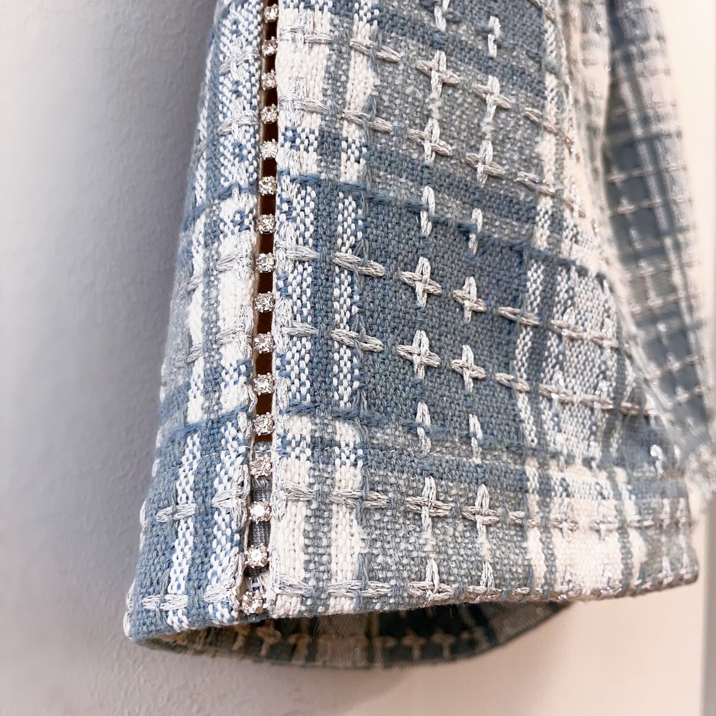 Pale Blue Wool Tweed Shorts w/ Crystal Accent