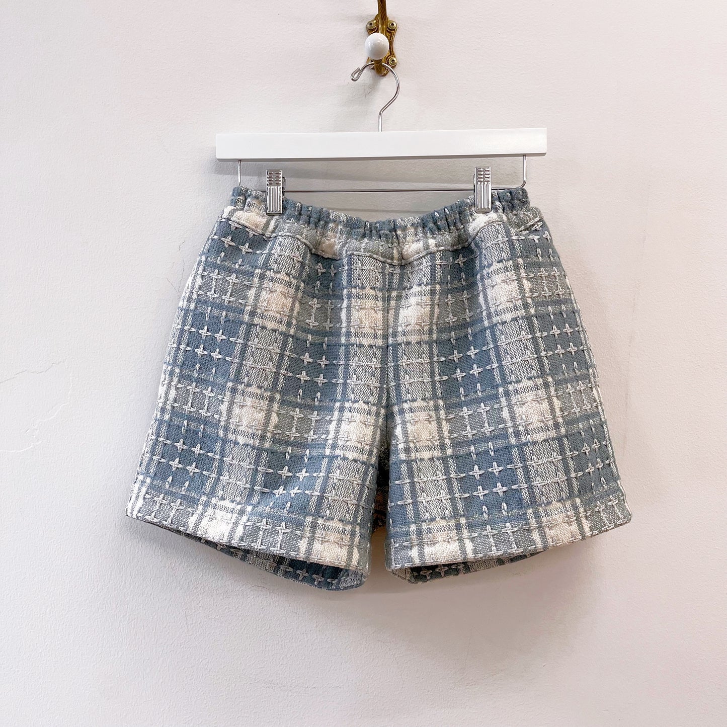 Pale Blue Wool Tweed Shorts w/ Crystal Accent