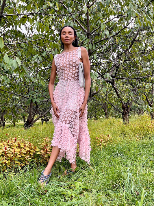 Blush Sheer Flower-Embroidered & Hand-Beaded Zero-Waste Dress