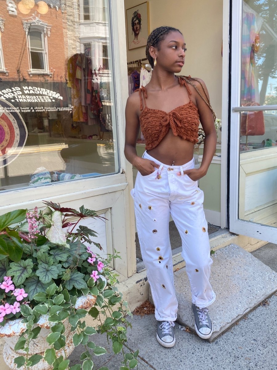 Brown, Camel, Mustard, Cream Hand Embroidered Holes Pants w/ Cracker Jack Charm (Reworked) - Made X Hudson