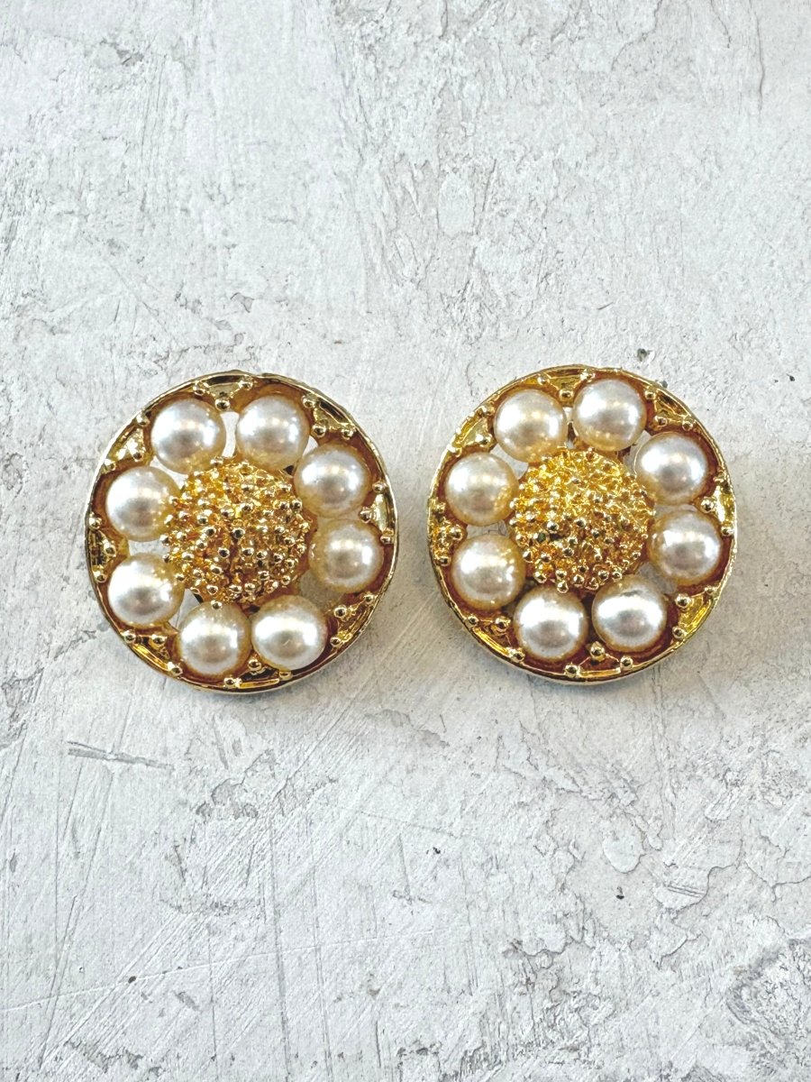Gold Tone Pearl & Caviar Texture Clip On Earrings (Vintage) - Made X Hudson