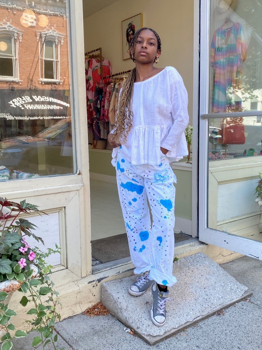 Blue, Green, Turquoise Star Embroidered Blue Lava Lamp Inspired Dyed Pants w/ Cracker Jack Charm (Reworked) - Made X Hudson