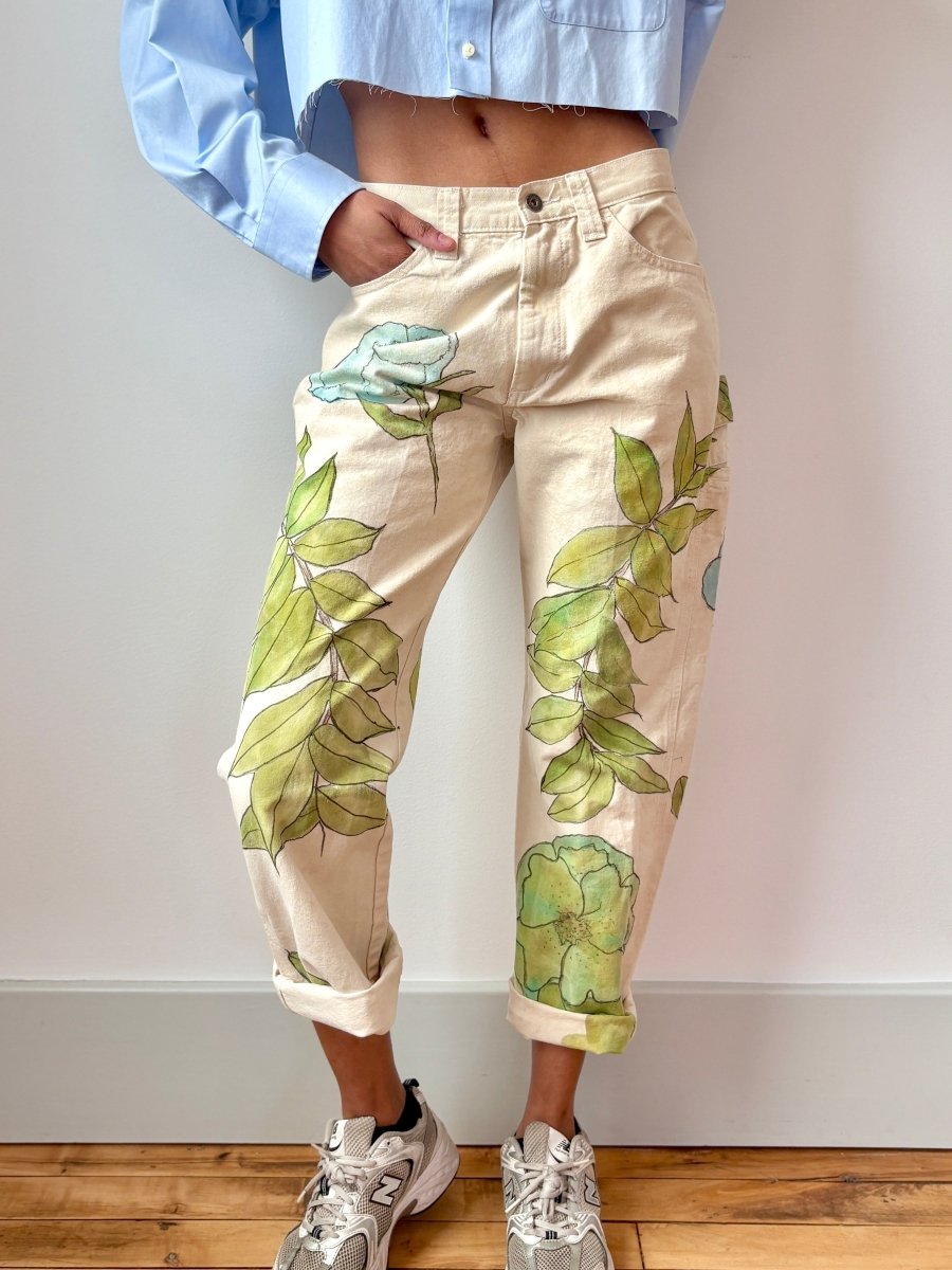 Blue Floral & Green Eco Printed, Painted & Hand Drawn Pants (Reworked) - Made X Hudson