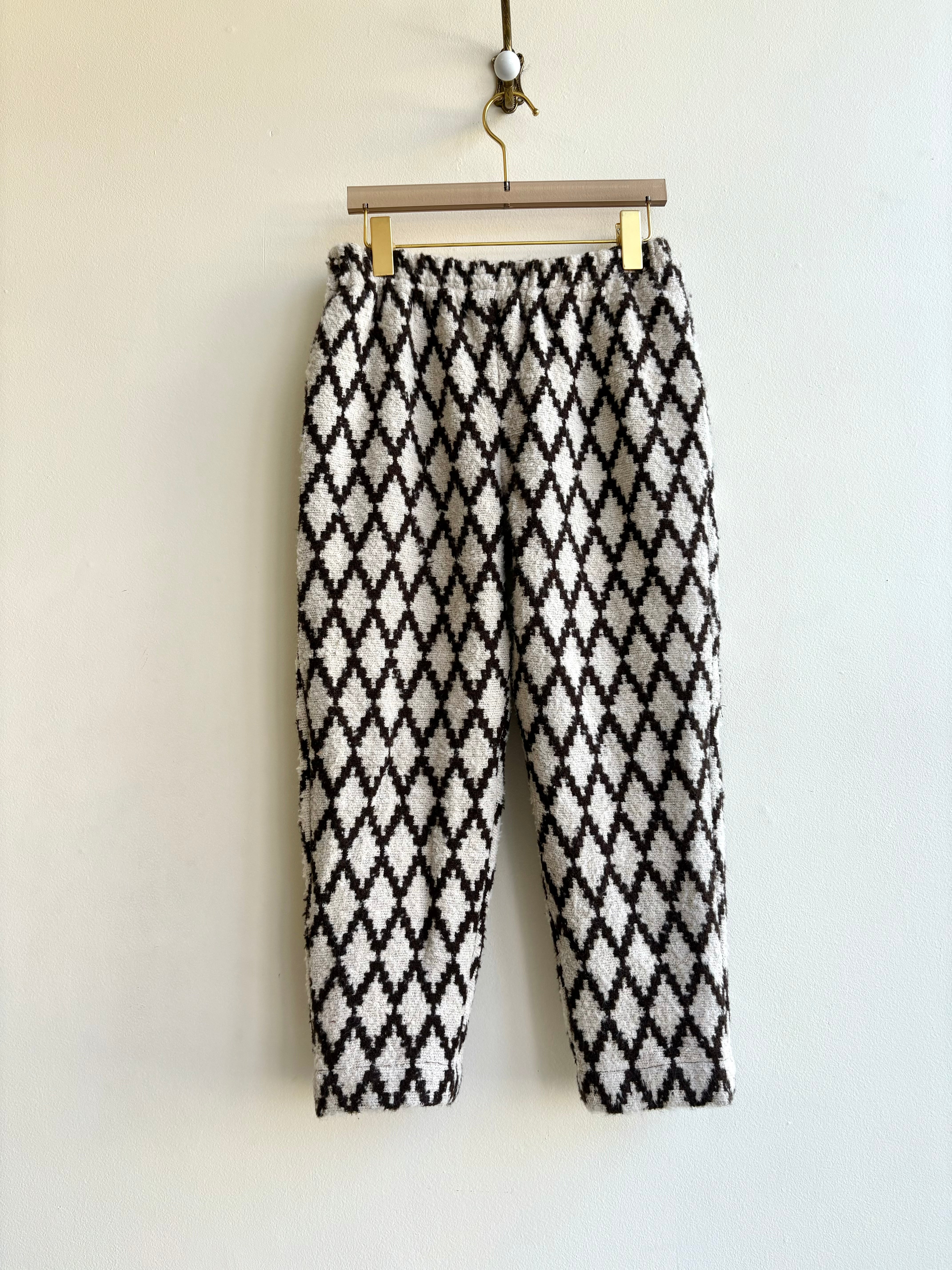 Image of cropped jogger-style pants in ivory and brown diamond weave wool 