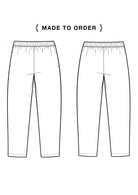 Technical flat drawing of jogger-style pants available custom made to order