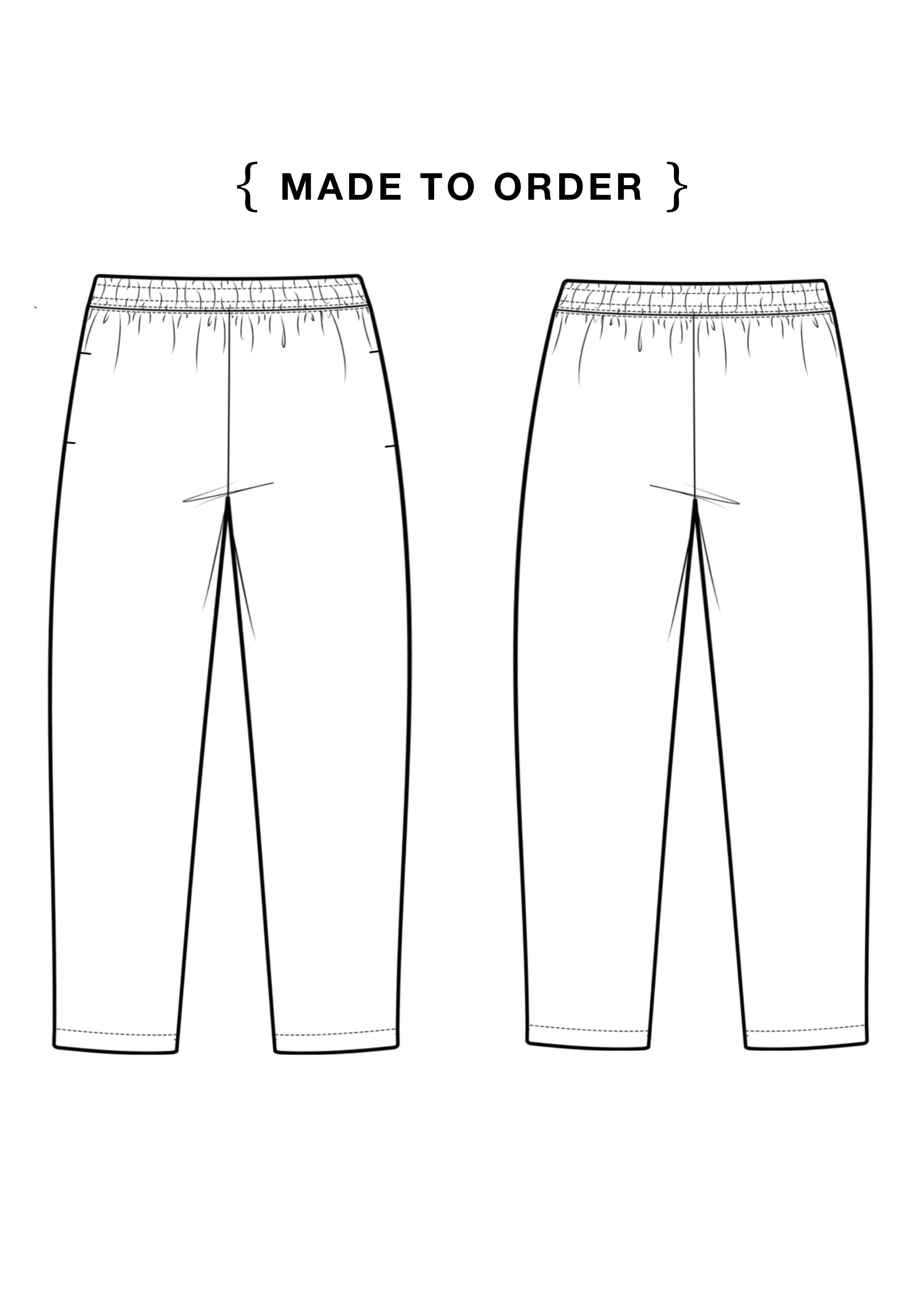 Technical flat drawing of jogger-style pants available custom made to order