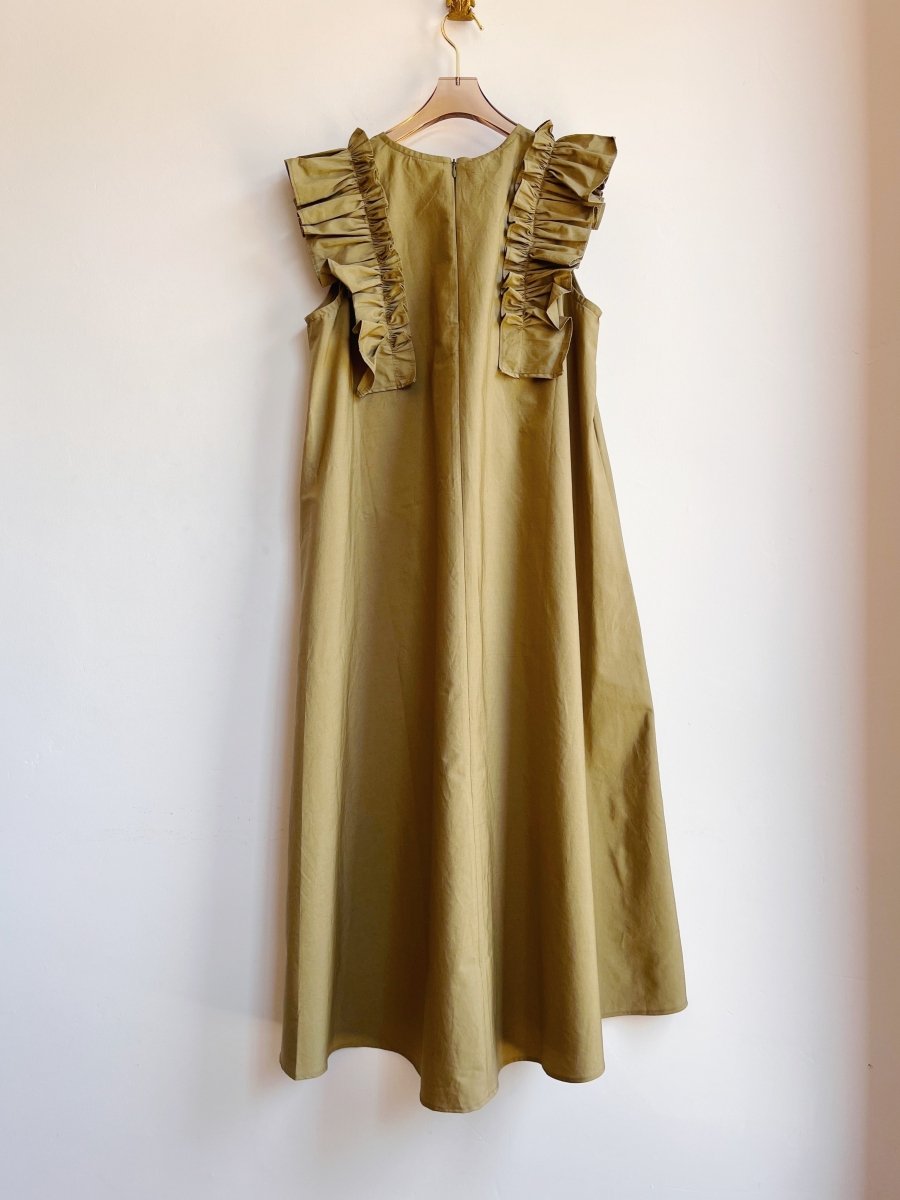 Olive Green Sleeveless Cotton Aria Ruffle Dress w/ Belt - Made X Hudson