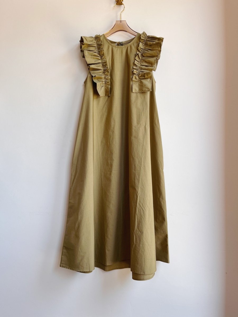 Olive Green Sleeveless Cotton Aria Ruffle Dress w/ Belt - Made X Hudson
