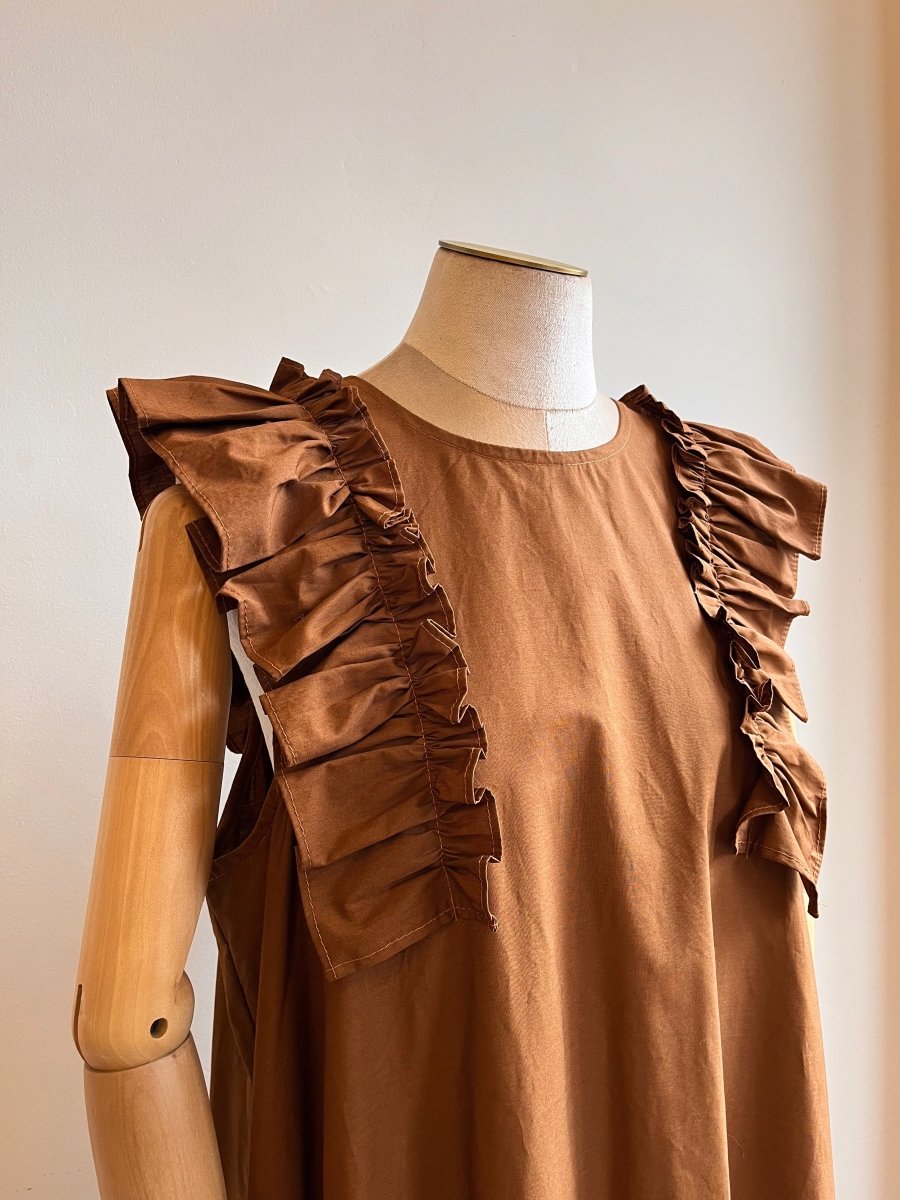 Brown Cappuccino Sleeveless Cotton Aria Ruffle Dress w/ Belt - Made X Hudson
