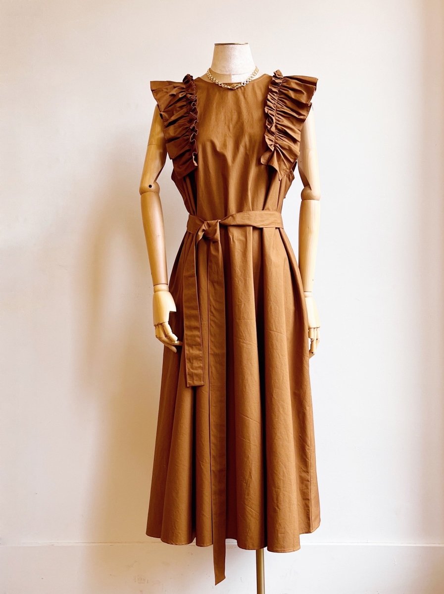 Brown Cappuccino Sleeveless Cotton Aria Ruffle Dress w/ Belt - Made X Hudson
