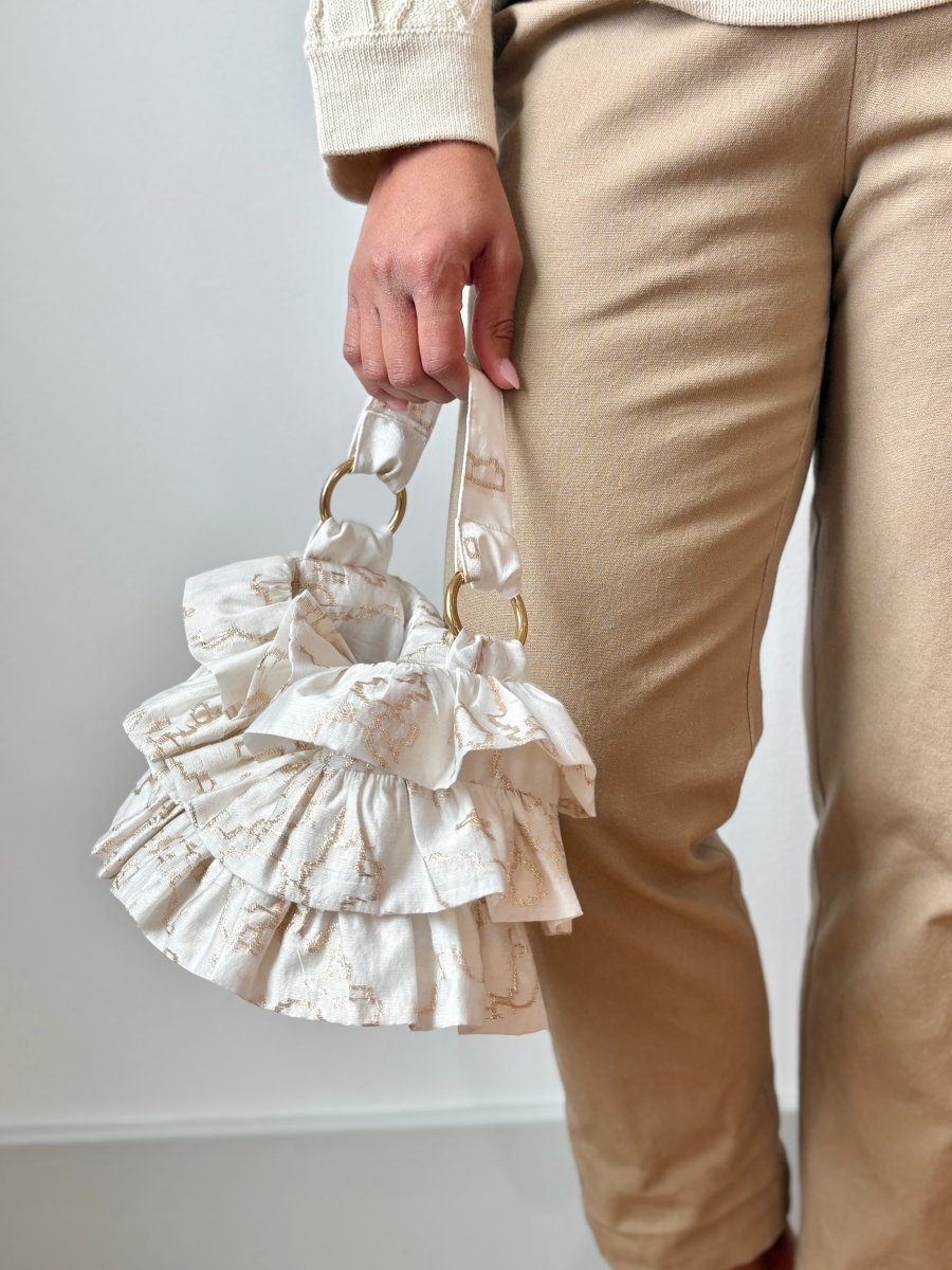 Liza Ruffle Bag in Ivory w/ Gold Abstract Embroidery - Made X Hudson