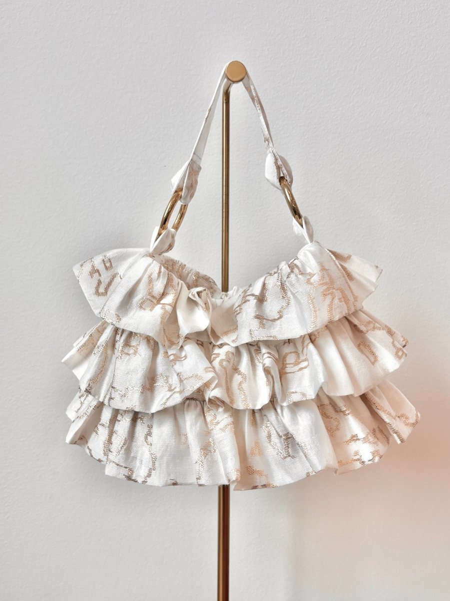 Liza Ruffle Bag in Ivory w/ Gold Abstract Embroidery - Made X Hudson
