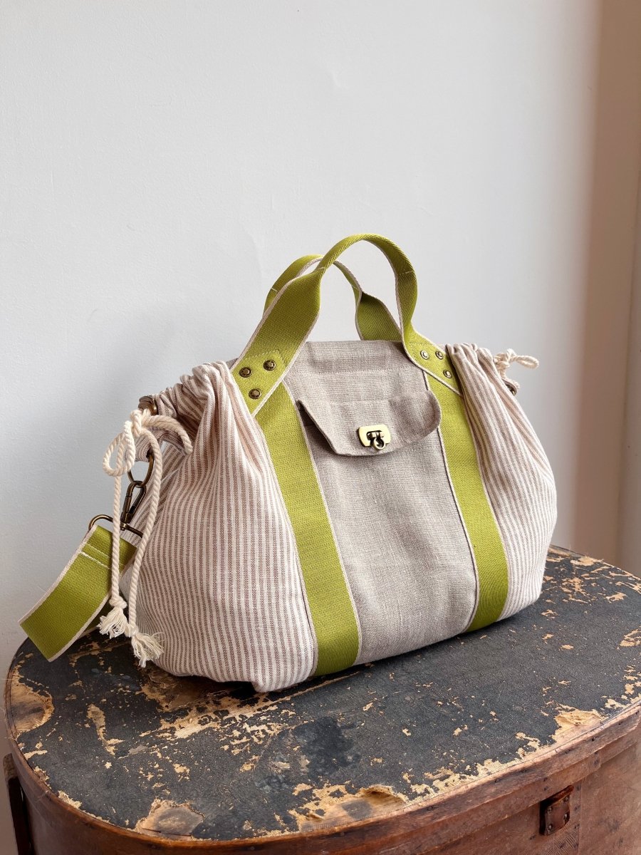 Mini Cross - Body Duffel Bag in Flax & Striped Linen w/ Lime Webbing - Made X Hudson