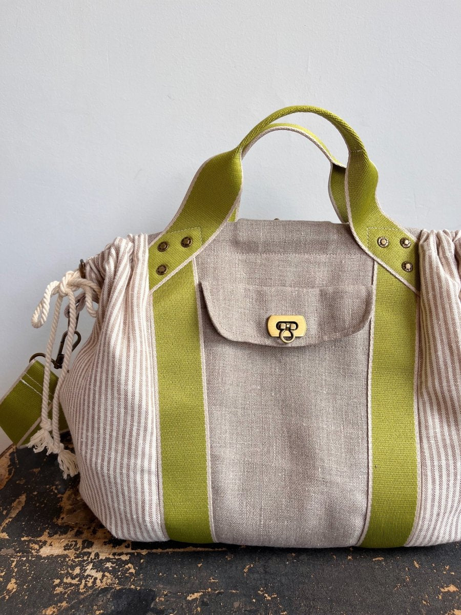 Mini Cross - Body Duffel Bag in Flax & Striped Linen w/ Lime Webbing - Made X Hudson
