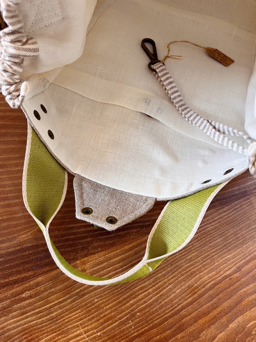Mini Cross - Body Duffel Bag in Flax & Striped Linen w/ Lime Webbing - Made X Hudson