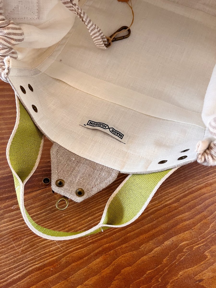 Mini Cross - Body Duffel Bag in Flax & Striped Linen w/ Lime Webbing - Made X Hudson