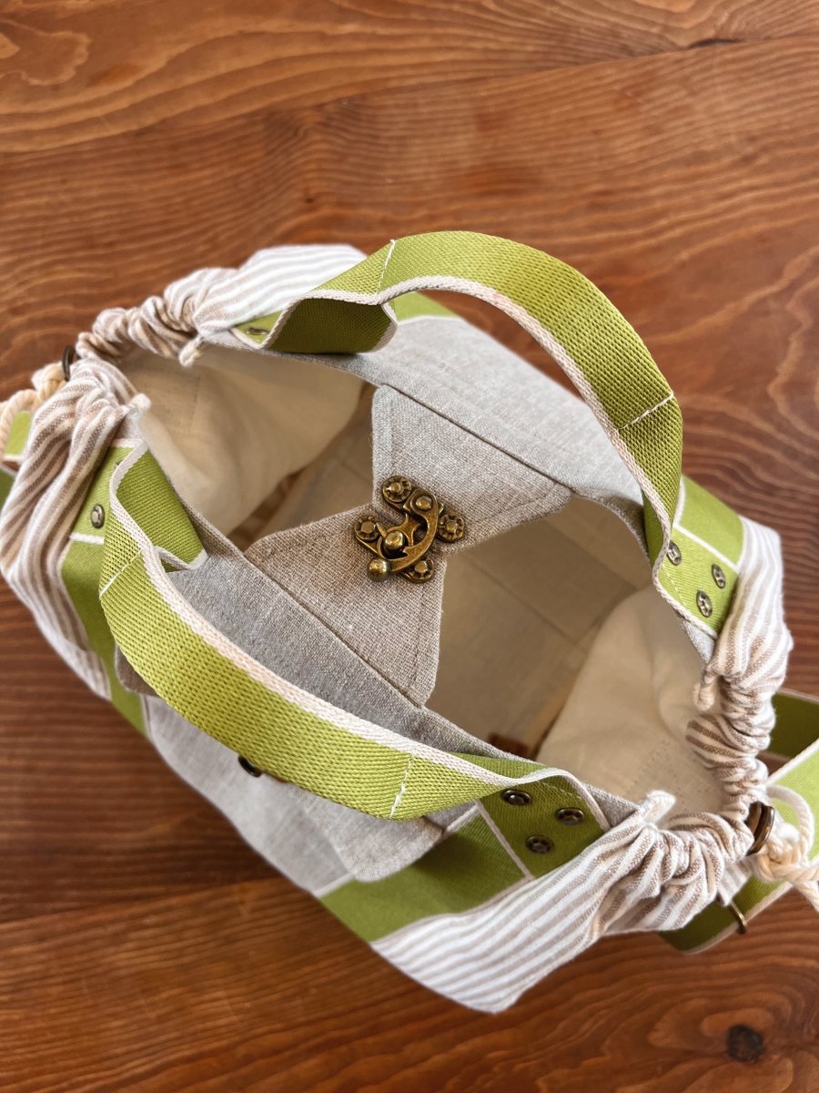 Mini Cross - Body Duffel Bag in Flax & Striped Linen w/ Lime Webbing - Made X Hudson