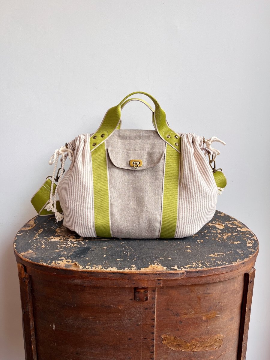 Mini Cross - Body Duffel Bag in Flax & Striped Linen w/ Lime Webbing - Made X Hudson