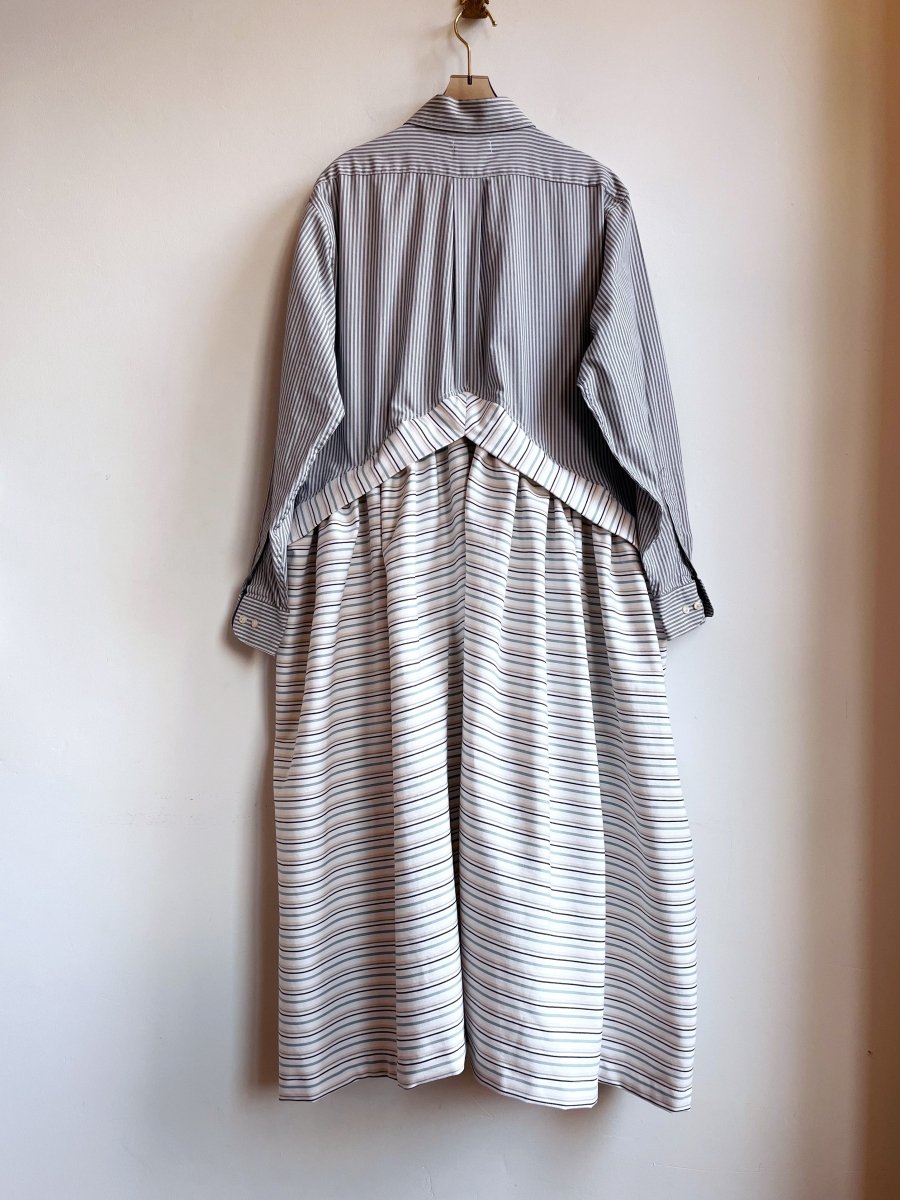 V - Line Shirtwaist Dress in Micro Blue Grey Stripe with Ivory and Blue Stripe (Reworked) - Made X Hudson