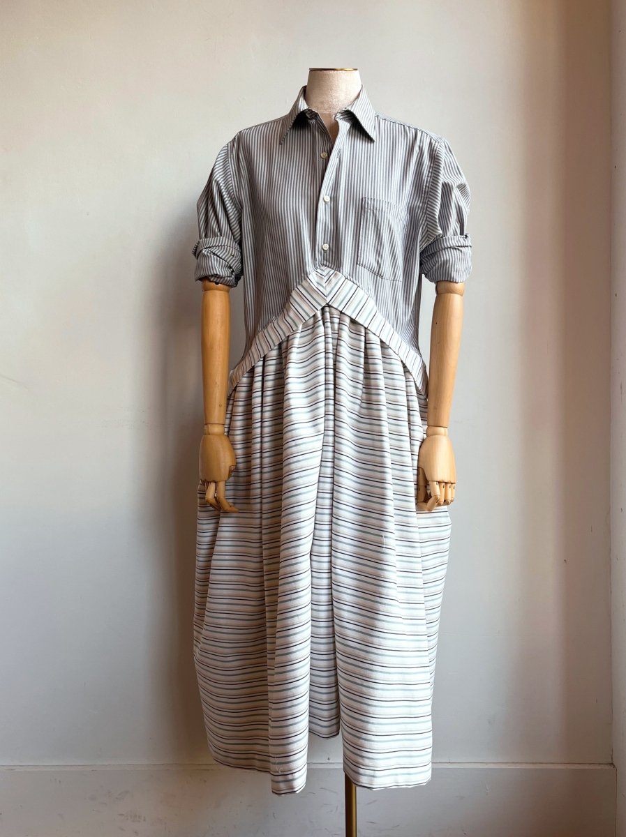 V - Line Shirtwaist Dress in Micro Blue Grey Stripe with Ivory and Blue Stripe (Reworked) - Made X Hudson