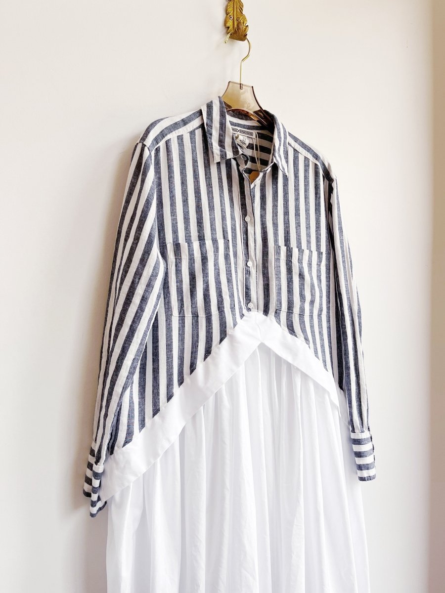 V - Line Shirtwaist Dress in Grey & White Stripe & White (Reworked) - Made X Hudson