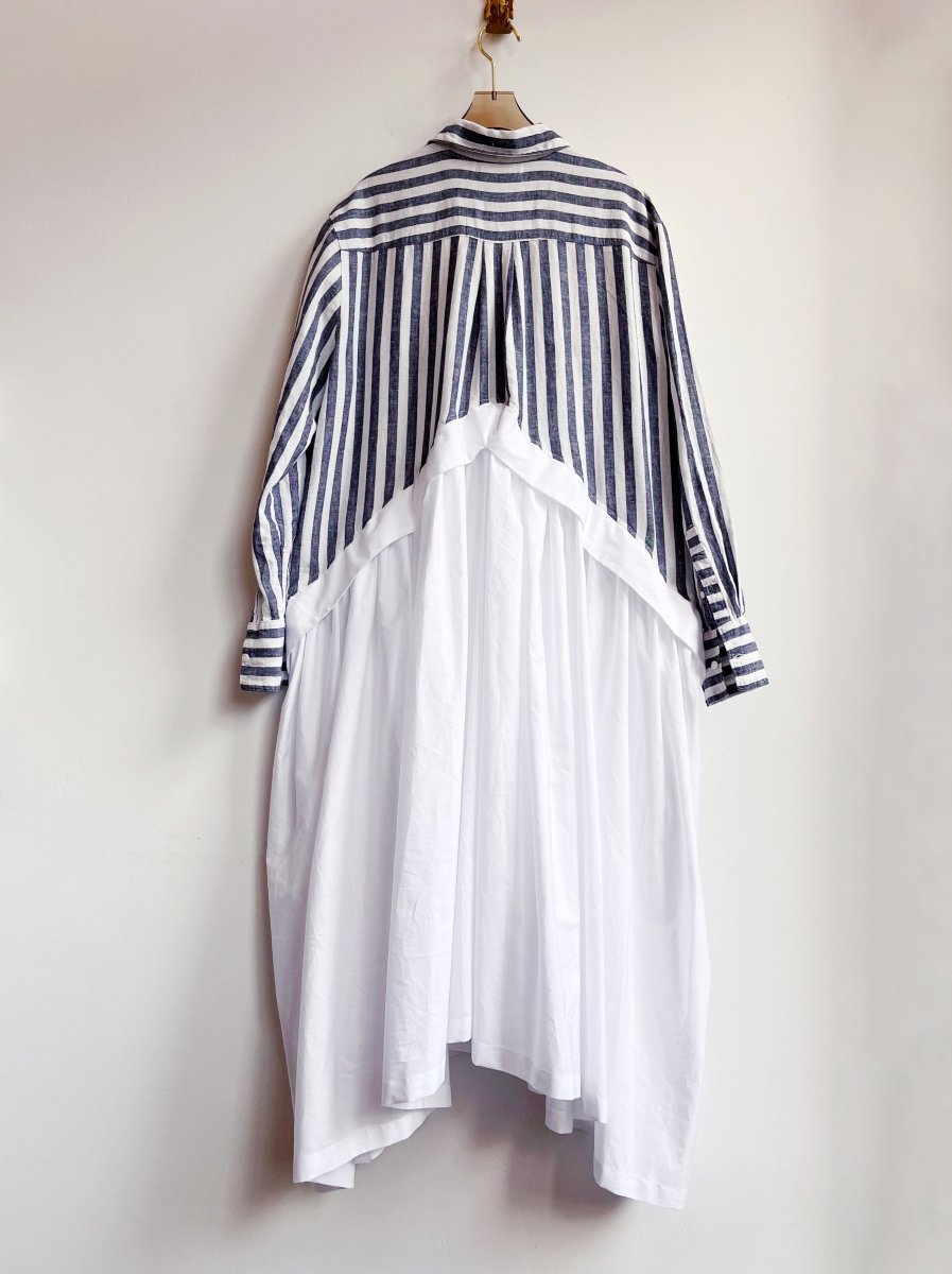 V - Line Shirtwaist Dress in Grey & White Stripe & White (Reworked) - Made X Hudson