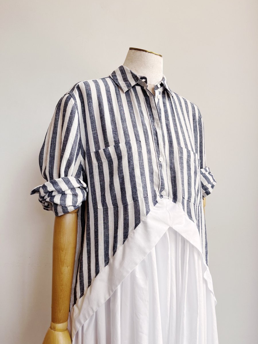V - Line Shirtwaist Dress in Grey & White Stripe & White (Reworked) - Made X Hudson