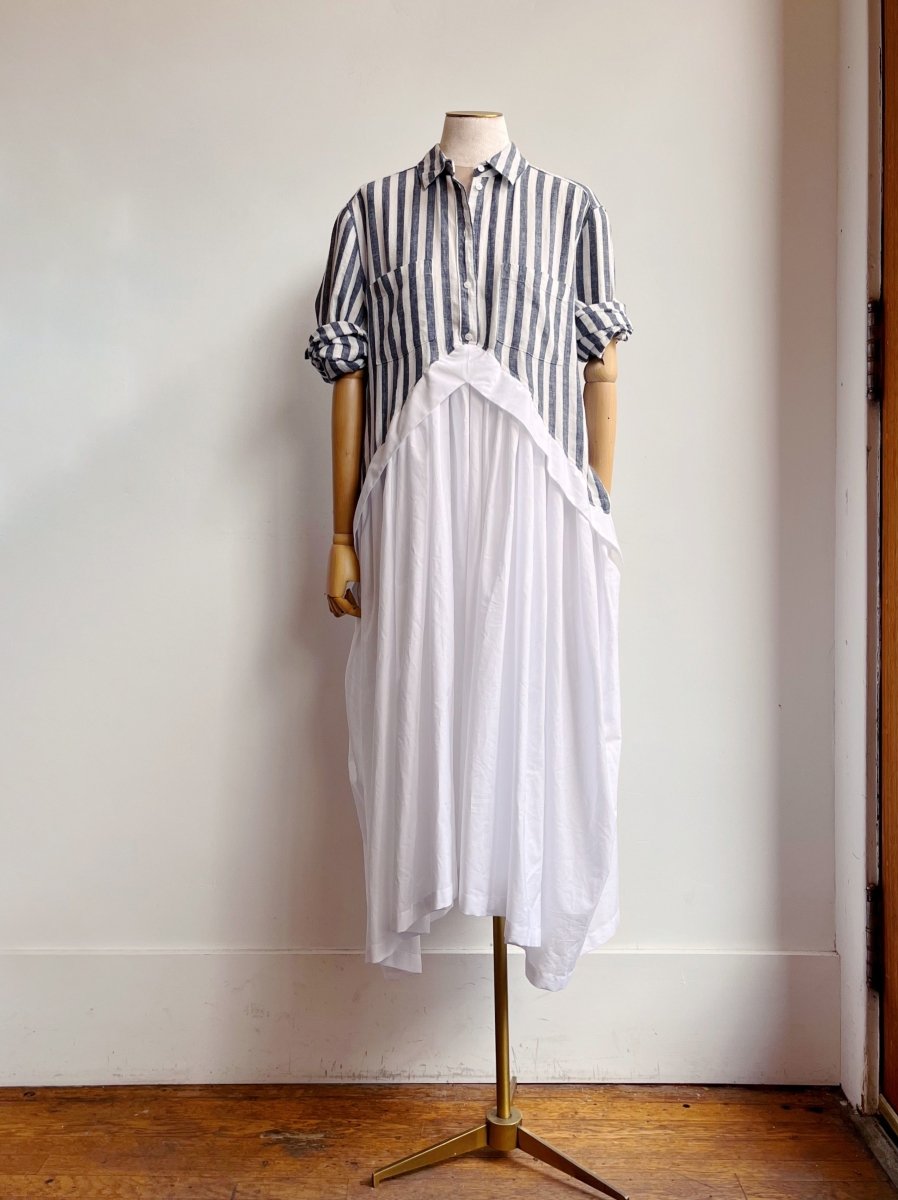 V - Line Shirtwaist Dress in Grey & White Stripe & White (Reworked) - Made X Hudson