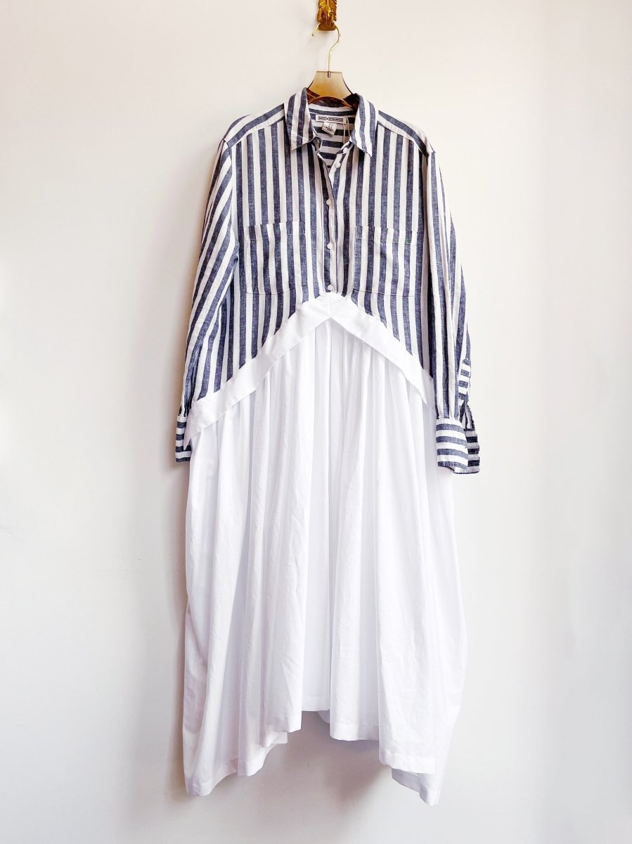 V - Line Shirtwaist Dress in Grey & White Stripe & White (Reworked) - Made X Hudson