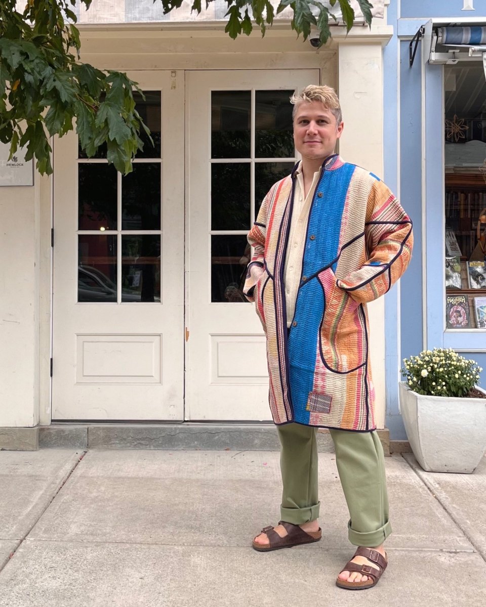 Reversible Long Trench Quilted Jacket in Orange, Tan, Blue Stripes & Green, Blue, Orange - Made X Hudson