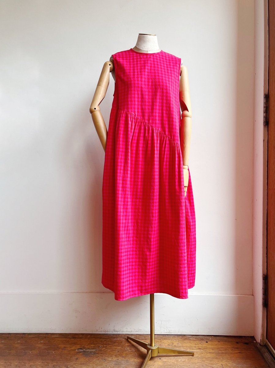 Anan Long Gathered Dress in Pink & Red Petunia Check - Made X Hudson