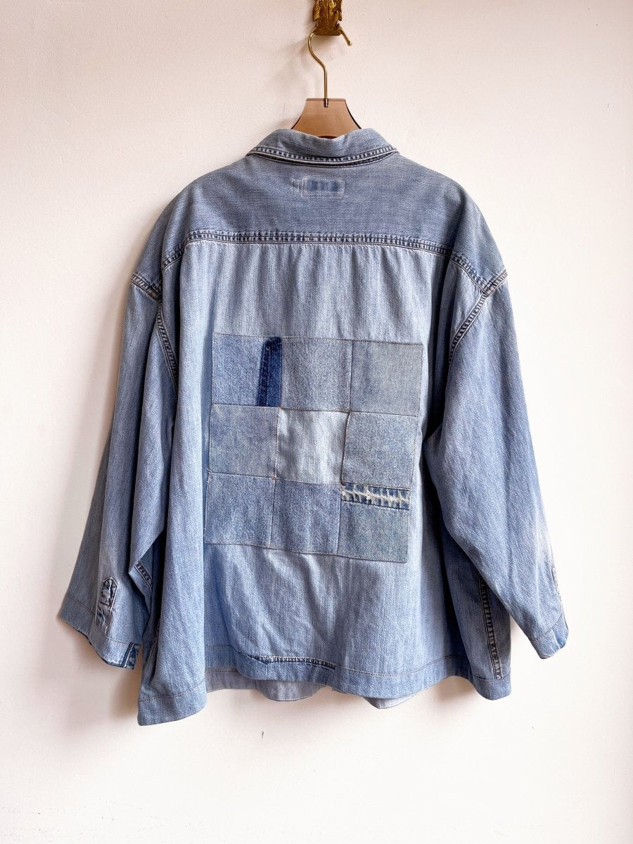 4 - Pocket Denim Shirtjacket with 9 - Square Quilt Block (Reworked) - Made X Hudson