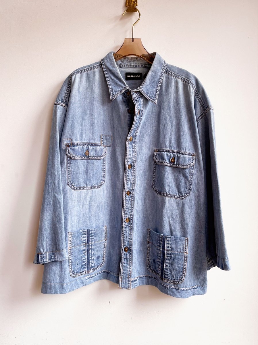 4 - Pocket Denim Shirtjacket with 9 - Square Quilt Block (Reworked) - Made X Hudson