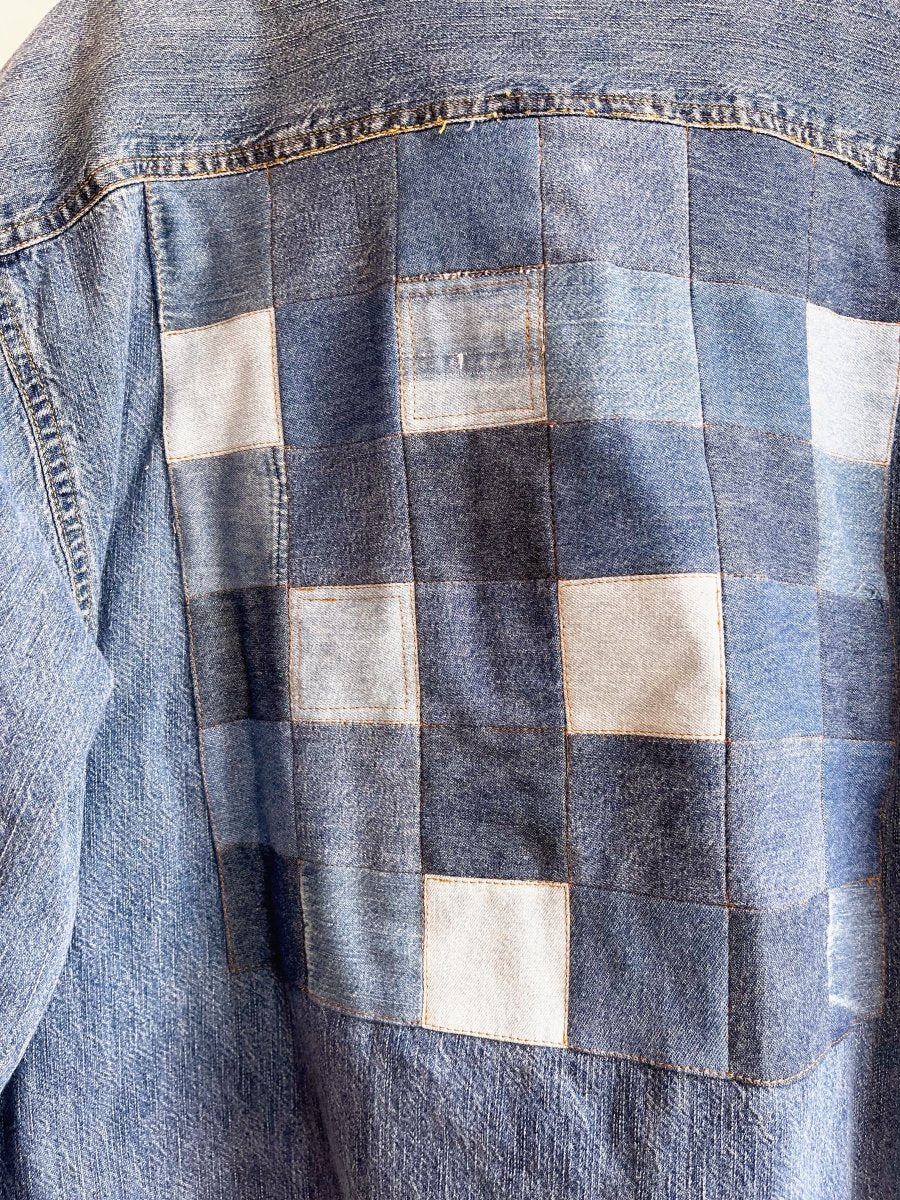3 - Pocket Denim Shirtjacket with Patchwork - Grid Quilt Block (Reworked) - Made X Hudson