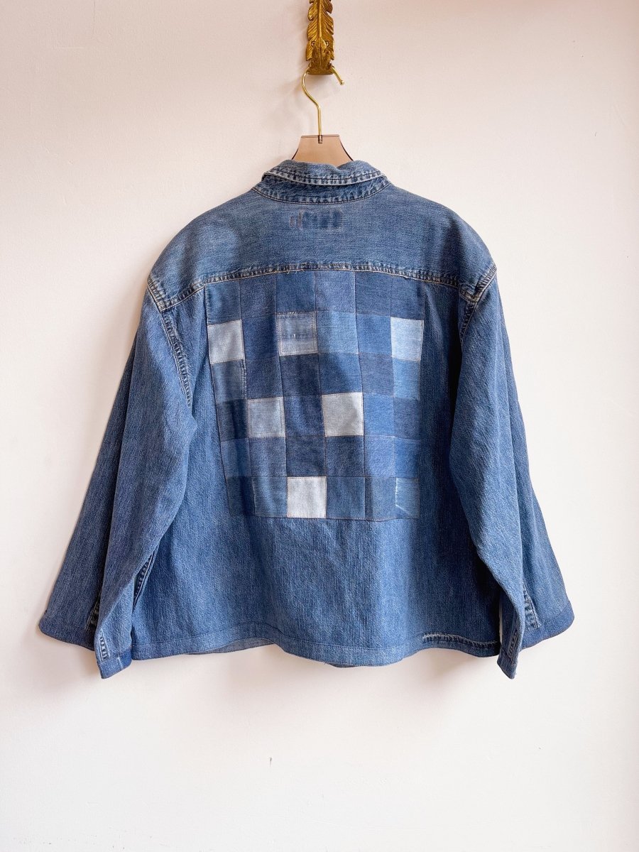3 - Pocket Denim Shirtjacket with Patchwork - Grid Quilt Block (Reworked) - Made X Hudson
