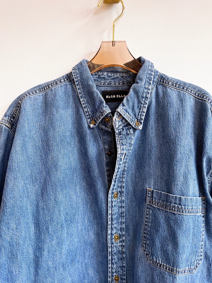 3 - Pocket Denim Shirtjacket with Patchwork - Grid Quilt Block (Reworked) - Made X Hudson