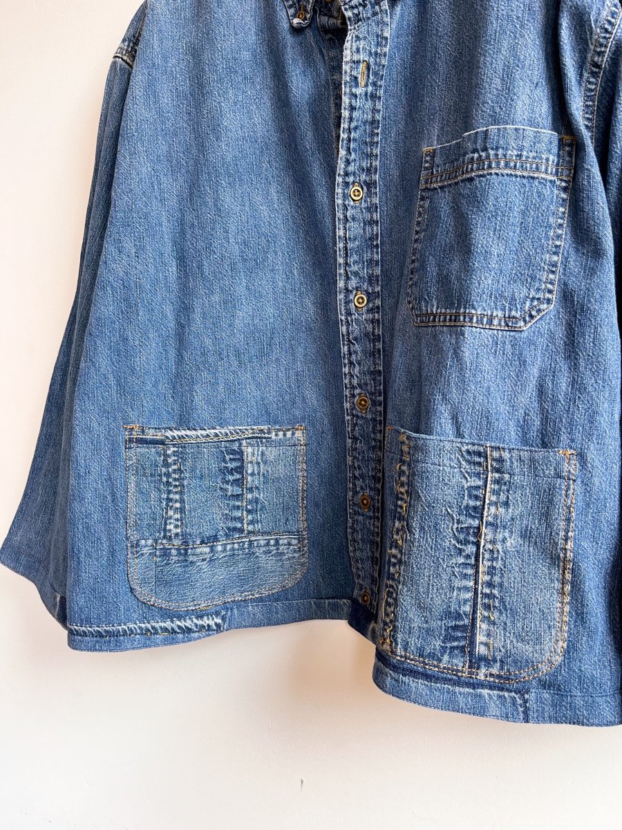 3 - Pocket Denim Shirtjacket with Patchwork - Grid Quilt Block (Reworked) - Made X Hudson