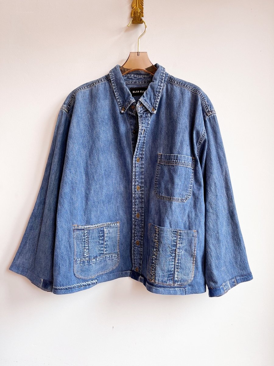 3 - Pocket Denim Shirtjacket with Patchwork - Grid Quilt Block (Reworked) - Made X Hudson
