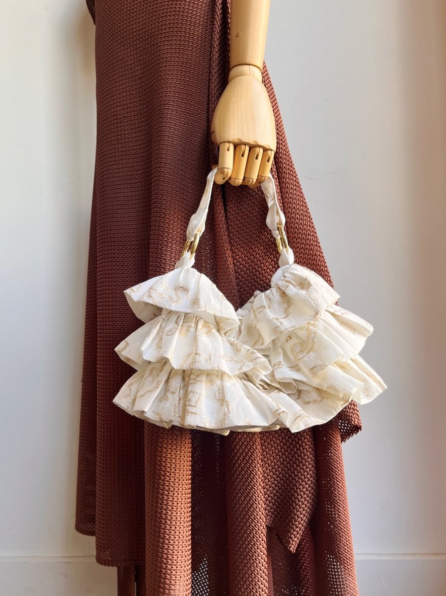 Liza Ruffle Bag in Ivory w/ Gold Abstract Embroidery - Made X Hudson