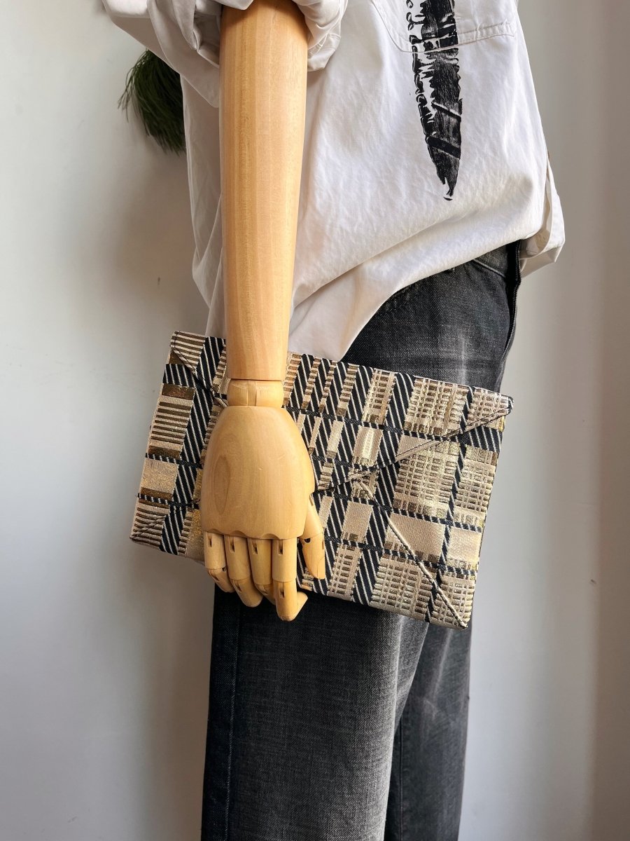 Black and Gold Metallic Plaid Twist Clutch - Made X Hudson