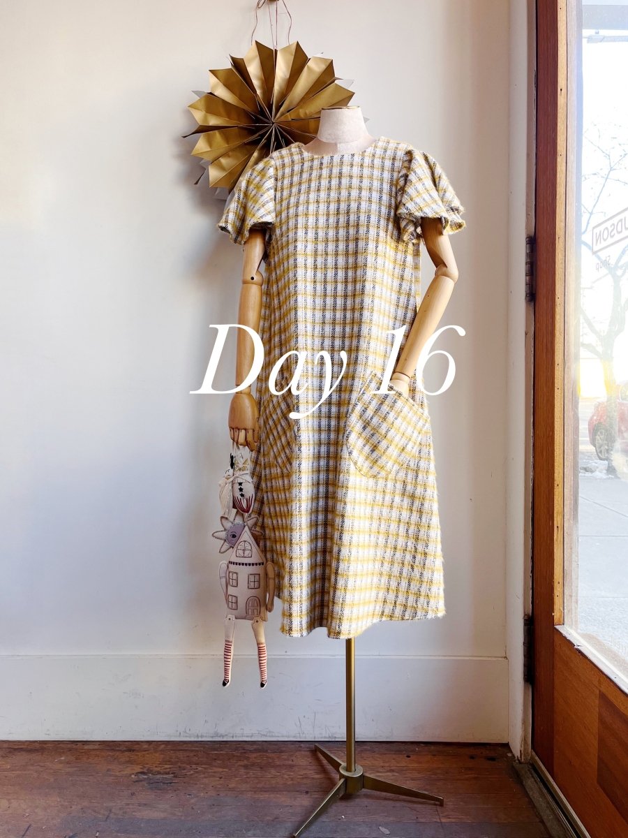 White, Gold, and Black Plaid Fuzzy Chore Dress with Flutter Sleeve - Made X Hudson