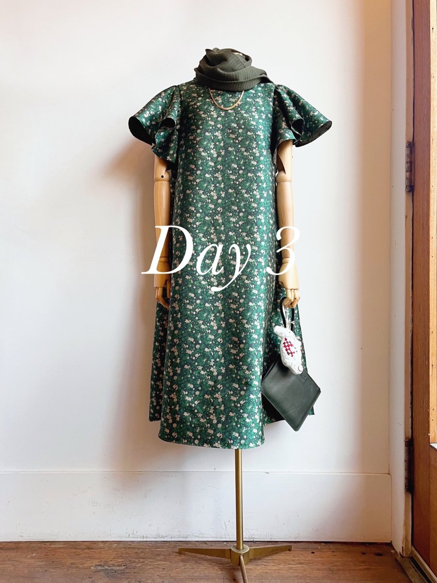 Emerald Floral Silk Brocade Chore Dress w/ Flutter Sleeve - Made X Hudson