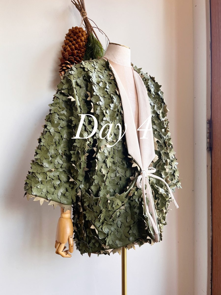 Olive Green Sculptural Floral Faux Leather Chore Jacket - Made X Hudson