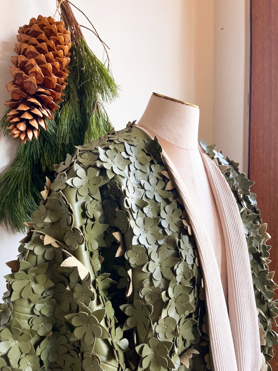 Olive Green Sculptural Floral Faux Leather Chore Jacket - Made X Hudson