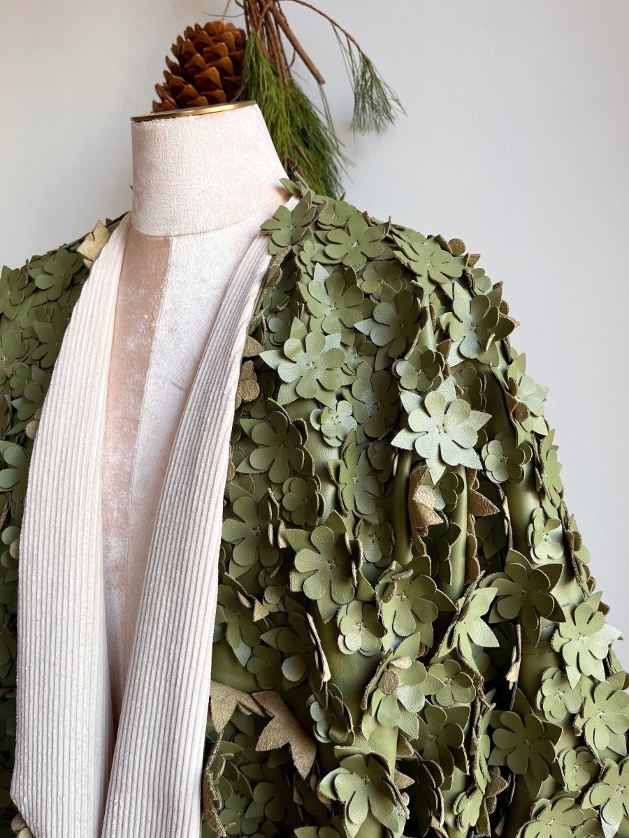 Olive Green Sculptural Floral Faux Leather Chore Jacket - Made X Hudson