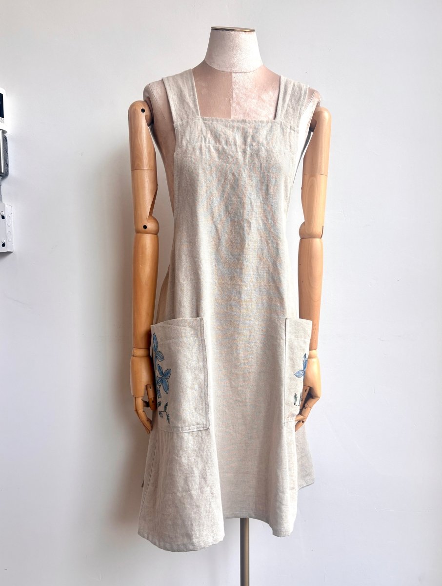 Beige Organic Linen Hand-Embroidered Pinafore Apron w/ Blue